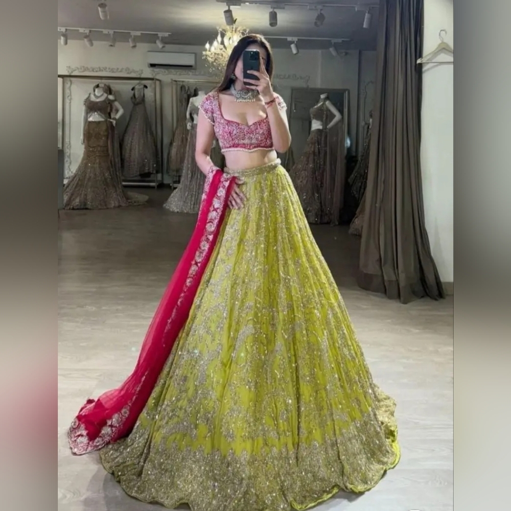 Georgette Sequence Work Green/Red Lehenga Choli